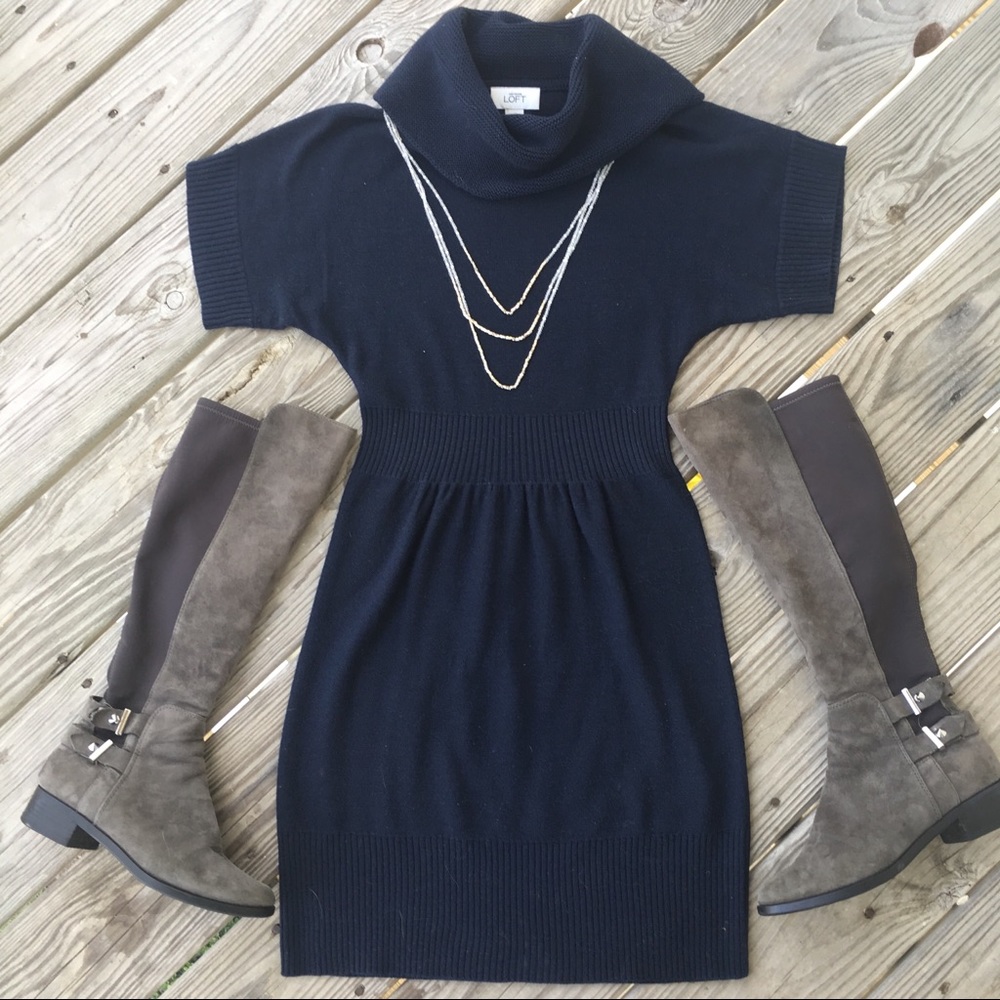 Loft navy sweater dress with cowl neck